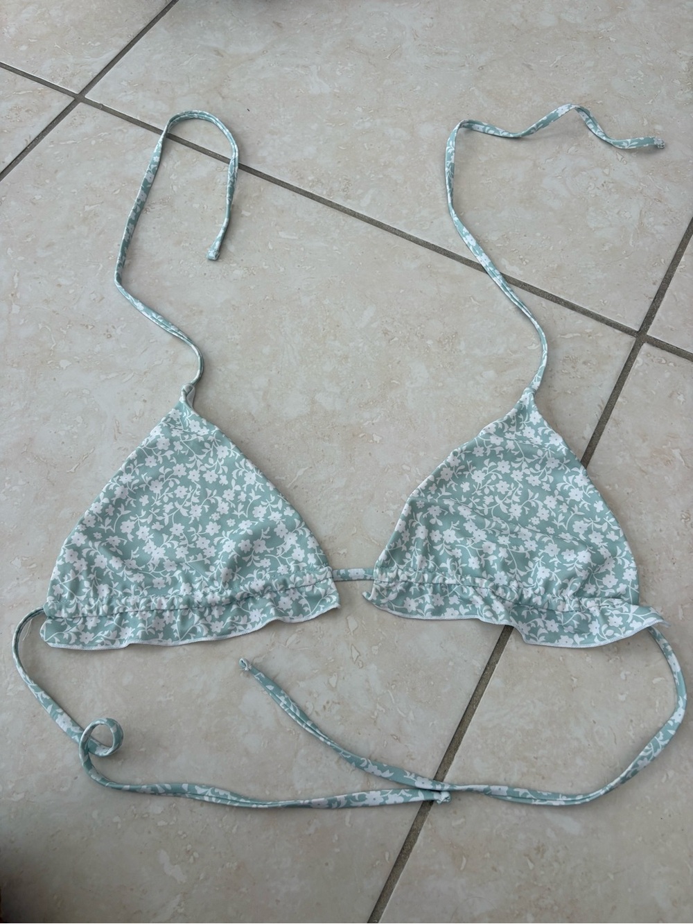 Floral Triangle Tie Bikini Top in light blue/green